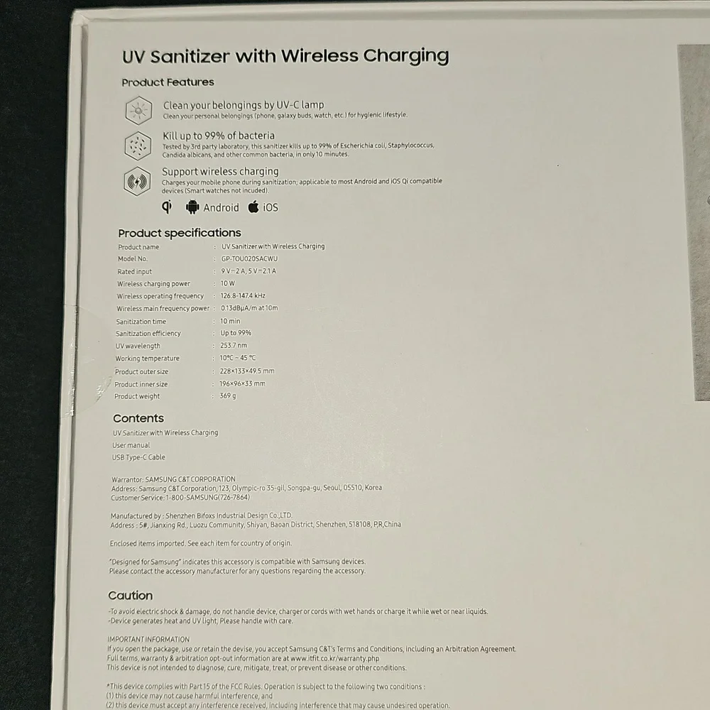 UV Sanitizer With Wireless Charging Designed For Samsung
